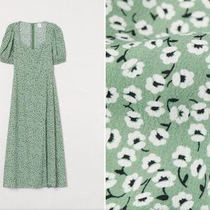 H&M Green w flowers Midi dress w slit